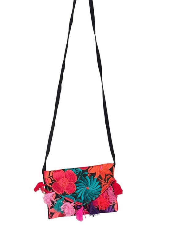 No Brand Handbags - Mexican Embroidered Clutch Crossbody Bag With Tassels Handmade Colorful Oaxaca